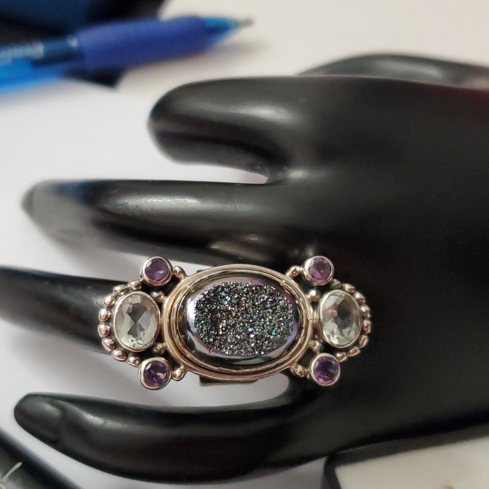 Signed Sterling Silver 925 Druzy Amethyst Topaz Statement Ring